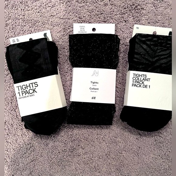 Three pairs of H&M black tights (XL) - animal print, sparky and tribal design - Picture 1 of 7